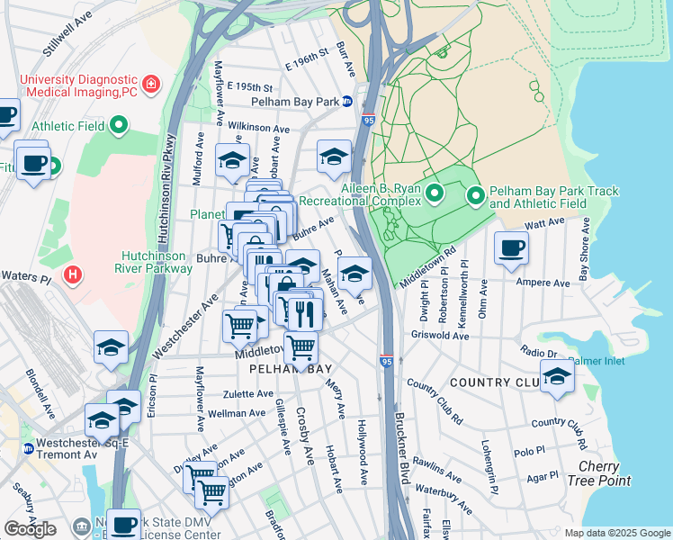 map of restaurants, bars, coffee shops, grocery stores, and more near 1700 Mahan Avenue in Bronx