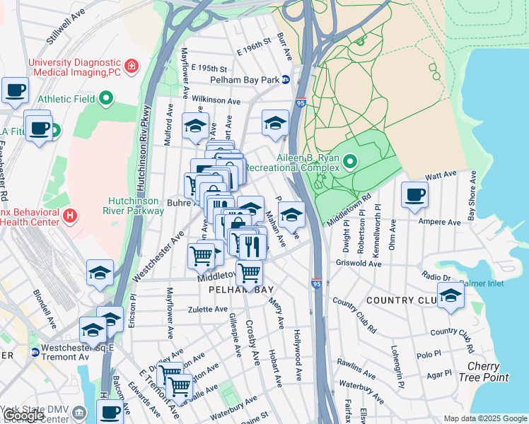 map of restaurants, bars, coffee shops, grocery stores, and more near 1700 Mahan Avenue in Bronx