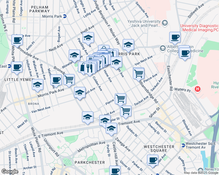 map of restaurants, bars, coffee shops, grocery stores, and more near 1647 Paulding Avenue in Bronx