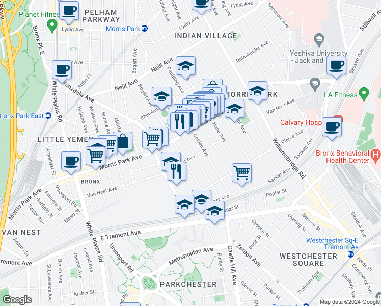 map of restaurants, bars, coffee shops, grocery stores, and more near 1708 Bogart Avenue in Bronx