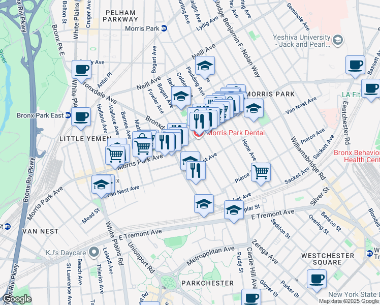map of restaurants, bars, coffee shops, grocery stores, and more near 1727 Fowler Avenue in The Bronx