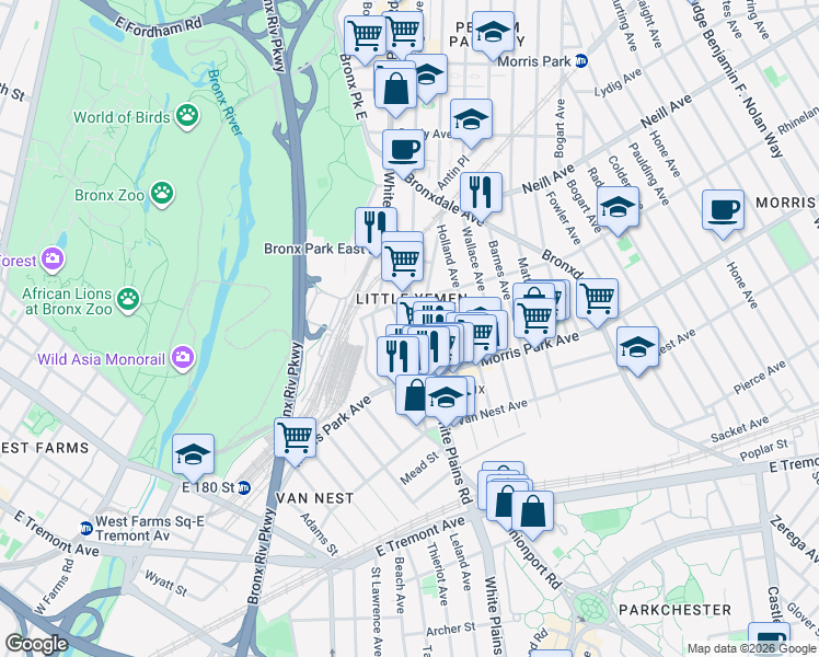 map of restaurants, bars, coffee shops, grocery stores, and more near 1853 Victor Street in The Bronx