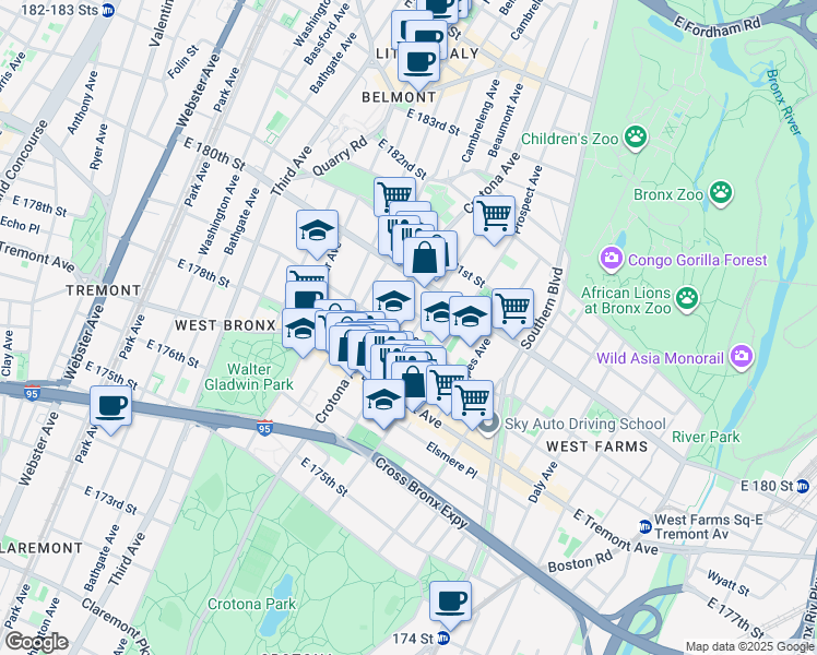 map of restaurants, bars, coffee shops, grocery stores, and more near 2012 Clinton Avenue in The Bronx