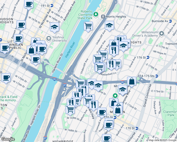 map of restaurants, bars, coffee shops, grocery stores, and more near 158 West 174th Street in Bronx