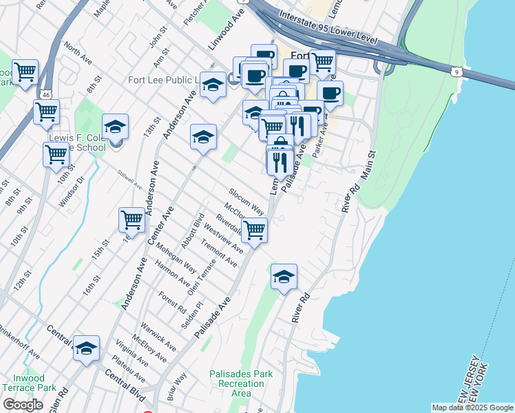 map of restaurants, bars, coffee shops, grocery stores, and more near 230 Slocum Way in Fort Lee