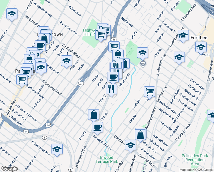 map of restaurants, bars, coffee shops, grocery stores, and more near 460 9th Street in Palisades Park