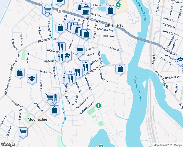 map of restaurants, bars, coffee shops, grocery stores, and more near 141 Washington Avenue in Little Ferry