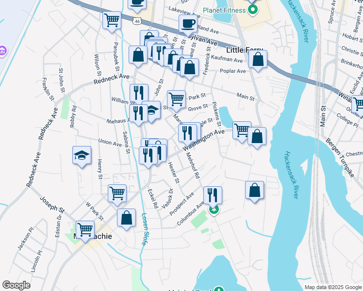 map of restaurants, bars, coffee shops, grocery stores, and more near 172 Washington Avenue in Little Ferry