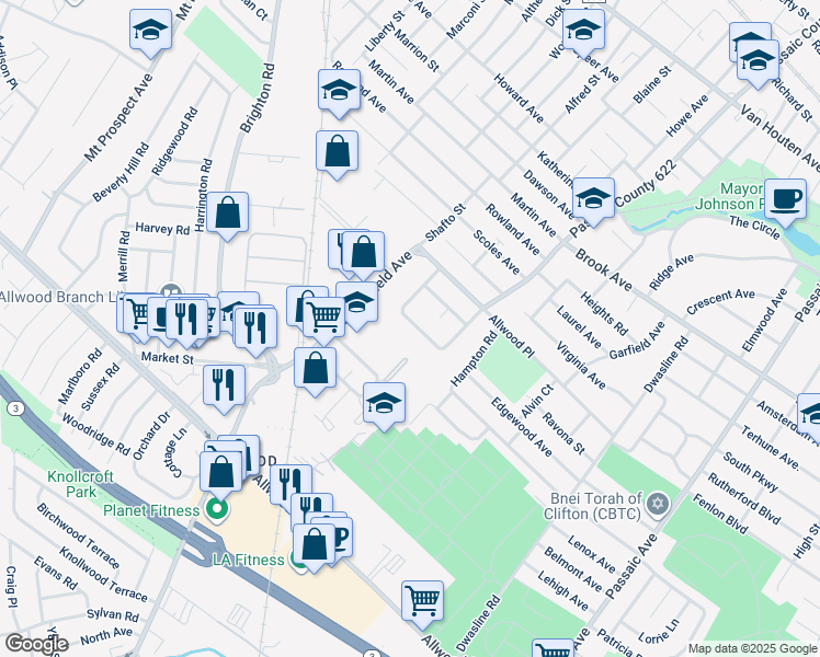 map of restaurants, bars, coffee shops, grocery stores, and more near 64 Parson Road in Clifton