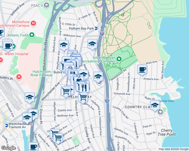 map of restaurants, bars, coffee shops, grocery stores, and more near 1701 Parkview Avenue in The Bronx