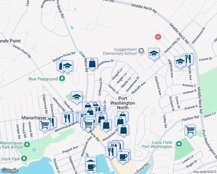 map of restaurants, bars, coffee shops, grocery stores, and more near 10 Sandy Court in Port Washington