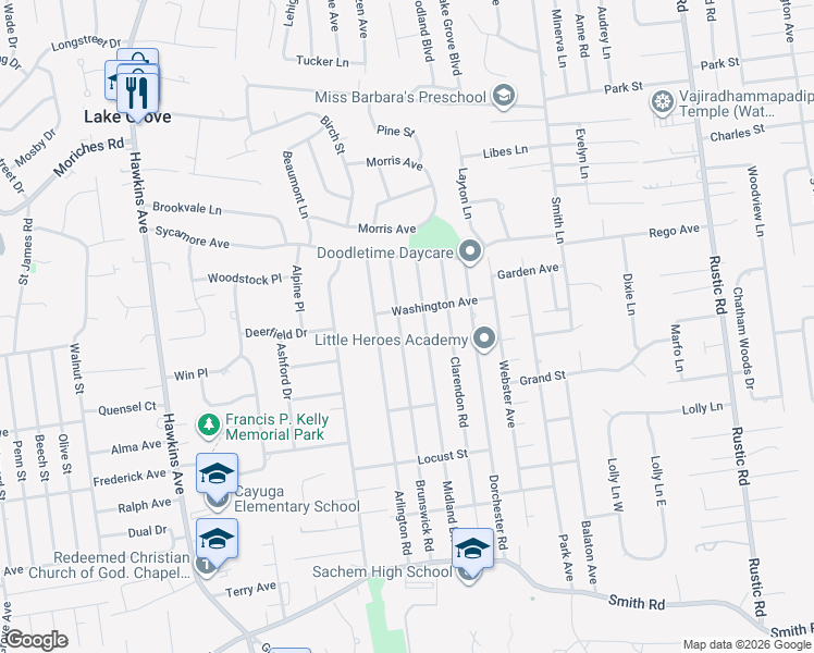 map of restaurants, bars, coffee shops, grocery stores, and more near 99 Brunswick Road in Lake Ronkonkoma