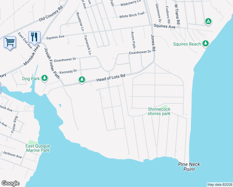 map of restaurants, bars, coffee shops, grocery stores, and more near 6 Landing Lane in East Quogue