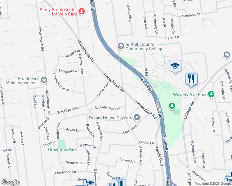 map of restaurants, bars, coffee shops, grocery stores, and more near 11 Sheri Court in Farmingville