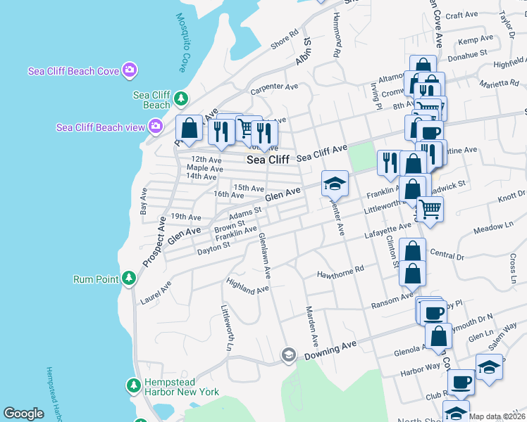 map of restaurants, bars, coffee shops, grocery stores, and more near 17 Glenlawn Avenue in Sea Cliff