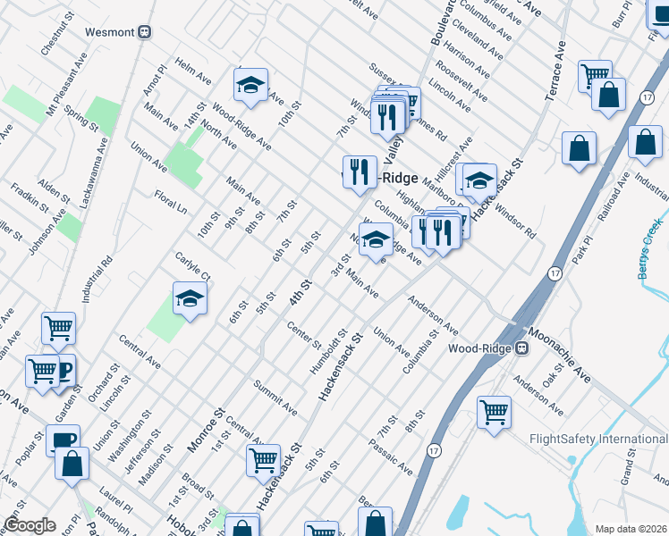 map of restaurants, bars, coffee shops, grocery stores, and more near 115 3rd Street in Wood-Ridge