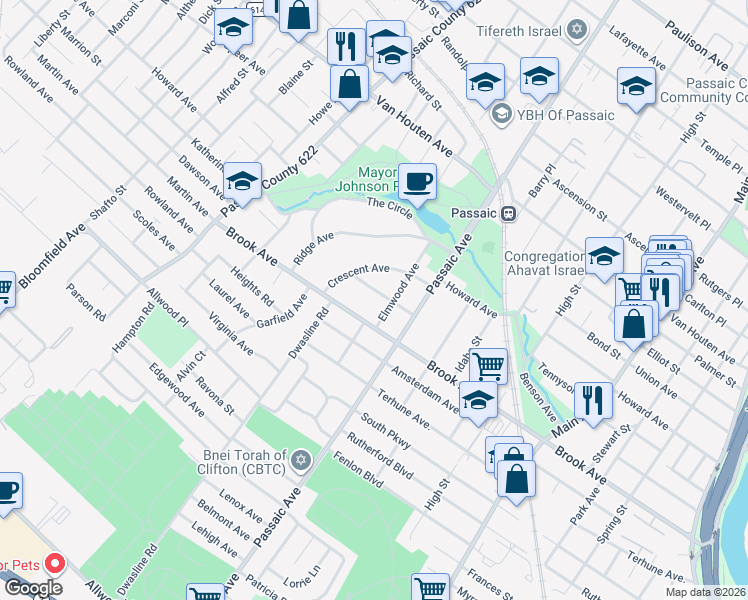 map of restaurants, bars, coffee shops, grocery stores, and more near 21 Pleasant Avenue in Passaic