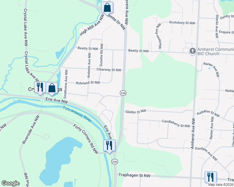 map of restaurants, bars, coffee shops, grocery stores, and more near 9185 Forest Trail St NW in Massillon