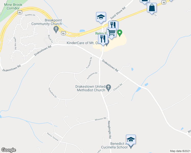 map of restaurants, bars, coffee shops, grocery stores, and more near 2 Yorkshire Drive in Hackettstown