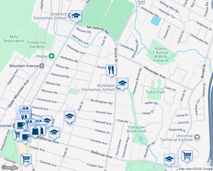 map of restaurants, bars, coffee shops, grocery stores, and more near 10 Fairview Place in Montclair
