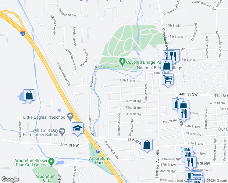 map of restaurants, bars, coffee shops, grocery stores, and more near 2521 44th Street Northwest in Canton