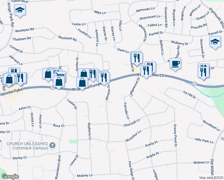 map of restaurants, bars, coffee shops, grocery stores, and more near 5 Winston Drive in Smithtown