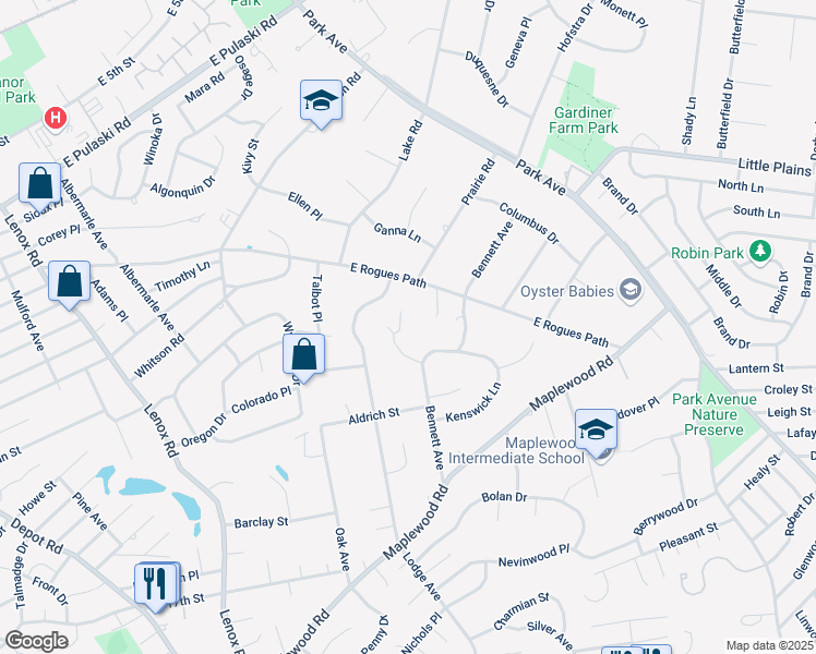 map of restaurants, bars, coffee shops, grocery stores, and more near 8 Pinoak Court in Huntington Station