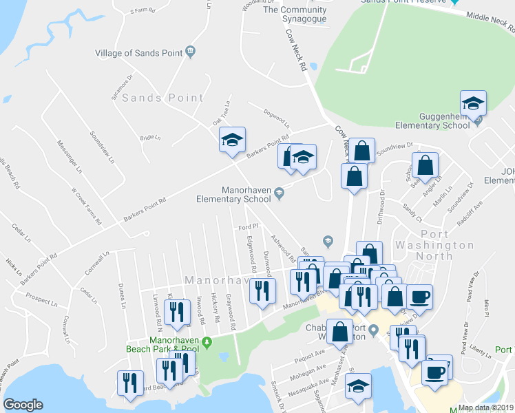 map of restaurants, bars, coffee shops, grocery stores, and more near 78 Ashwood Road in Port Washington