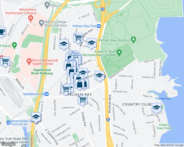 map of restaurants, bars, coffee shops, grocery stores, and more near 3109 Roberts Avenue in Bronx