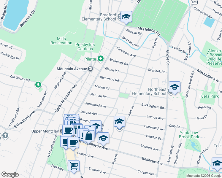 map of restaurants, bars, coffee shops, grocery stores, and more near 10 Marion Road in Montclair