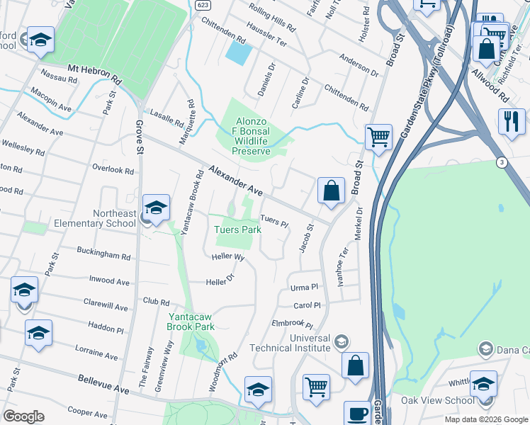map of restaurants, bars, coffee shops, grocery stores, and more near 131 Squire Hill Road in Montclair