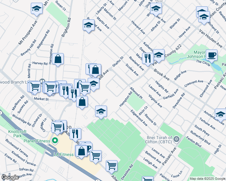 map of restaurants, bars, coffee shops, grocery stores, and more near 38 Phyllis Place in Clifton