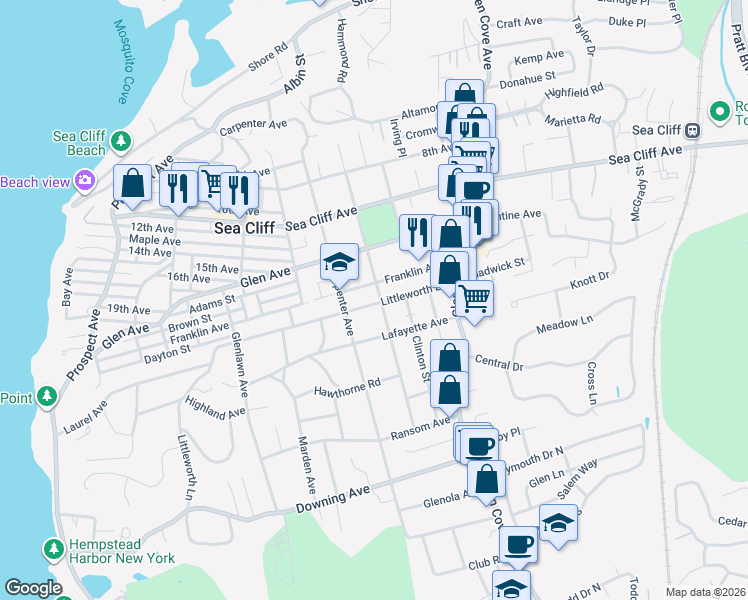 map of restaurants, bars, coffee shops, grocery stores, and more near 44 Littleworth Lane in Sea Cliff