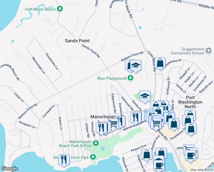 map of restaurants, bars, coffee shops, grocery stores, and more near 94 Firwood Road in Port Washington