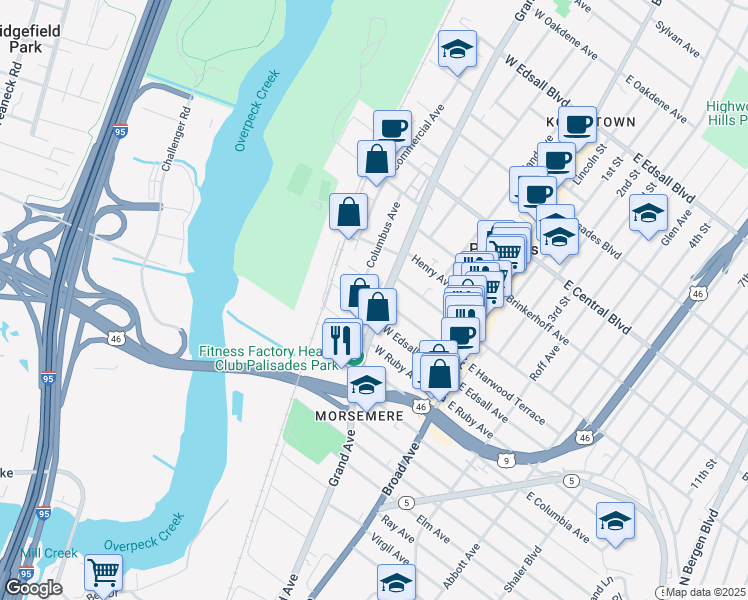 map of restaurants, bars, coffee shops, grocery stores, and more near 111 Grand Avenue in Palisades Park