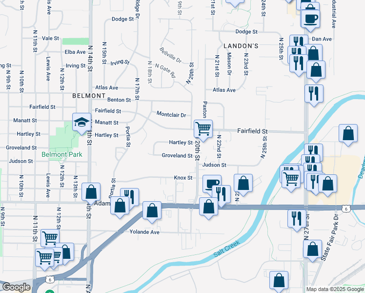 map of restaurants, bars, coffee shops, grocery stores, and more near 1923 Hartley St in Lincoln