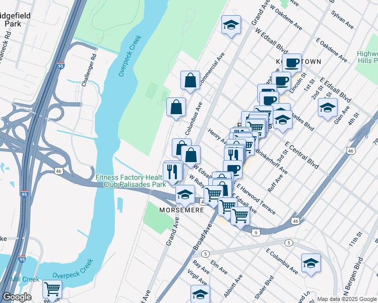 map of restaurants, bars, coffee shops, grocery stores, and more near 111 Grand Avenue in Palisades Park