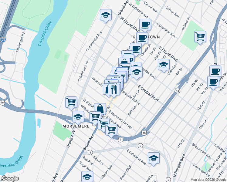 map of restaurants, bars, coffee shops, grocery stores, and more near 225 Broad Avenue in Palisades Park