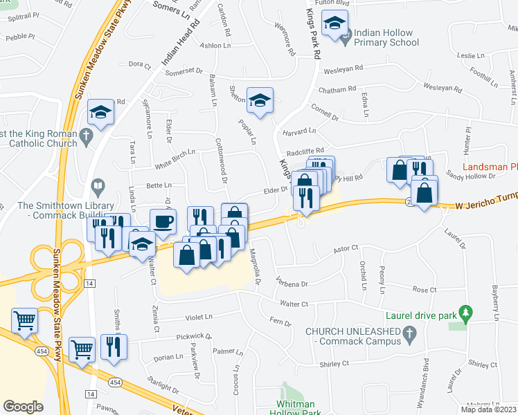 map of restaurants, bars, coffee shops, grocery stores, and more near 18 Blue Spruce Lane in Commack