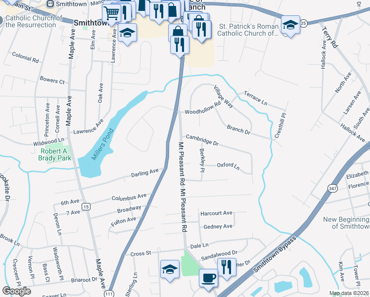 map of restaurants, bars, coffee shops, grocery stores, and more near 45 Mount Pleasant Road in Smithtown