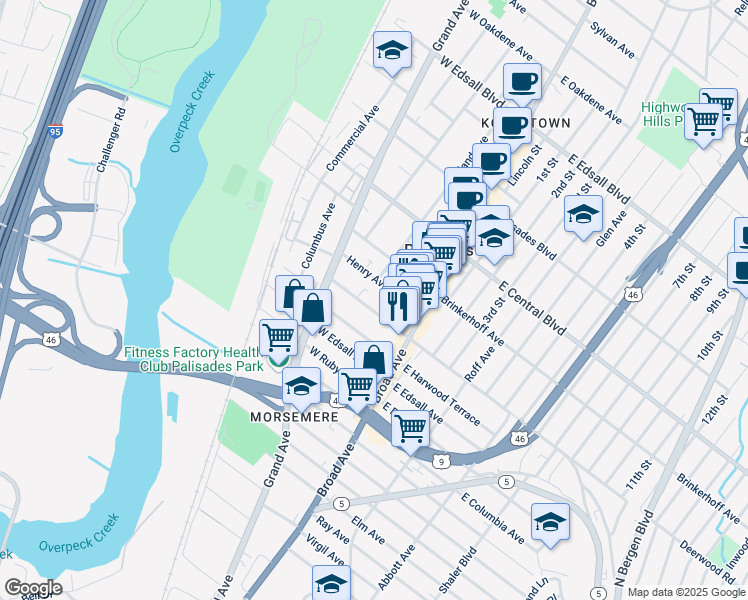 map of restaurants, bars, coffee shops, grocery stores, and more near 39 West Homestead Avenue in Palisades Park