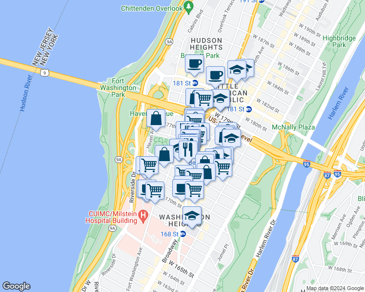 map of restaurants, bars, coffee shops, grocery stores, and more near 344 Fort Washington Avenue in New York