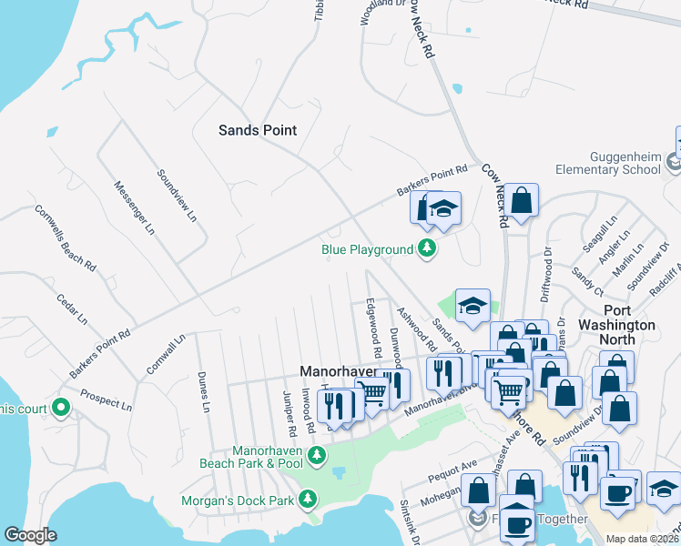 map of restaurants, bars, coffee shops, grocery stores, and more near 94 Firwood Road in Port Washington