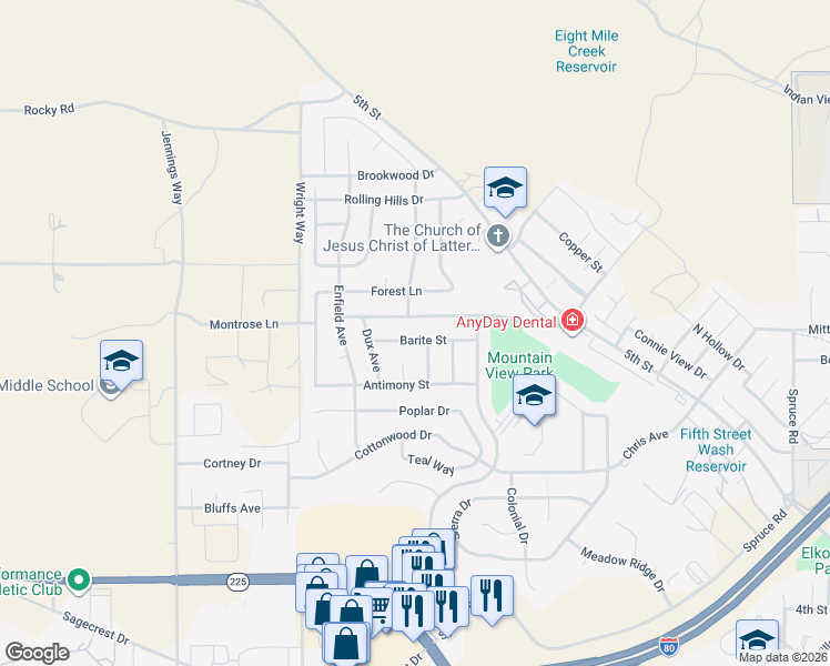 map of restaurants, bars, coffee shops, grocery stores, and more near 324 Barite Street in Elko