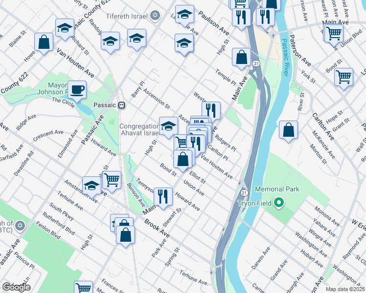 map of restaurants, bars, coffee shops, grocery stores, and more near 139 Van Houten Avenue in Passaic