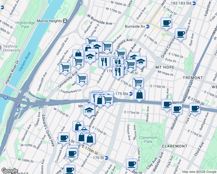 map of restaurants, bars, coffee shops, grocery stores, and more near 1678 Davidson Avenue in The Bronx