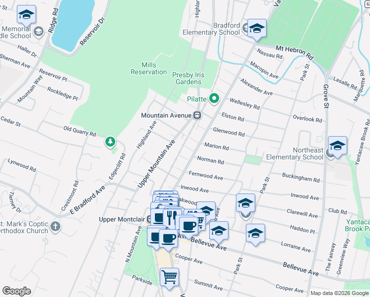 map of restaurants, bars, coffee shops, grocery stores, and more near 8 Mountain Place in Montclair