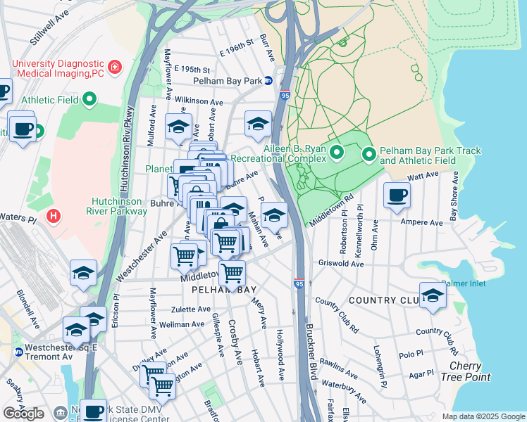 map of restaurants, bars, coffee shops, grocery stores, and more near 1700 Mahan Avenue in Bronx