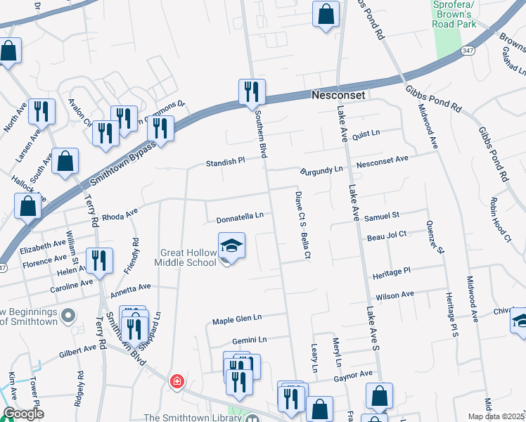 map of restaurants, bars, coffee shops, grocery stores, and more near 122 Southern Boulevard in Nesconset