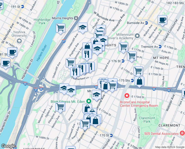 map of restaurants, bars, coffee shops, grocery stores, and more near 1621 Macombs Road in Bronx